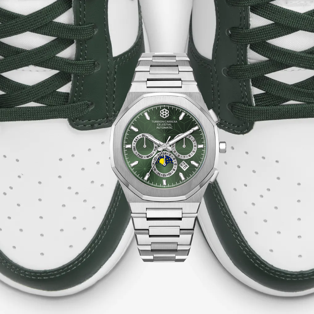 A Match Made in Heaven: Pairing our Celestial Automatic Calendar - Silver & Green with the Nike Dunk Low Varsity Green